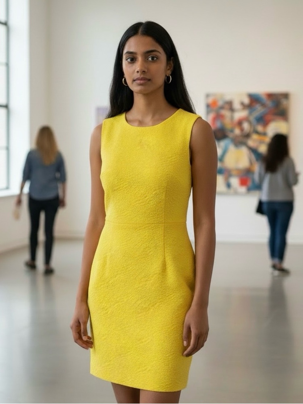 Calvin Klein Dress Womens 10 Yellow Jacquard Sleeveless Sheath Scoop Neck